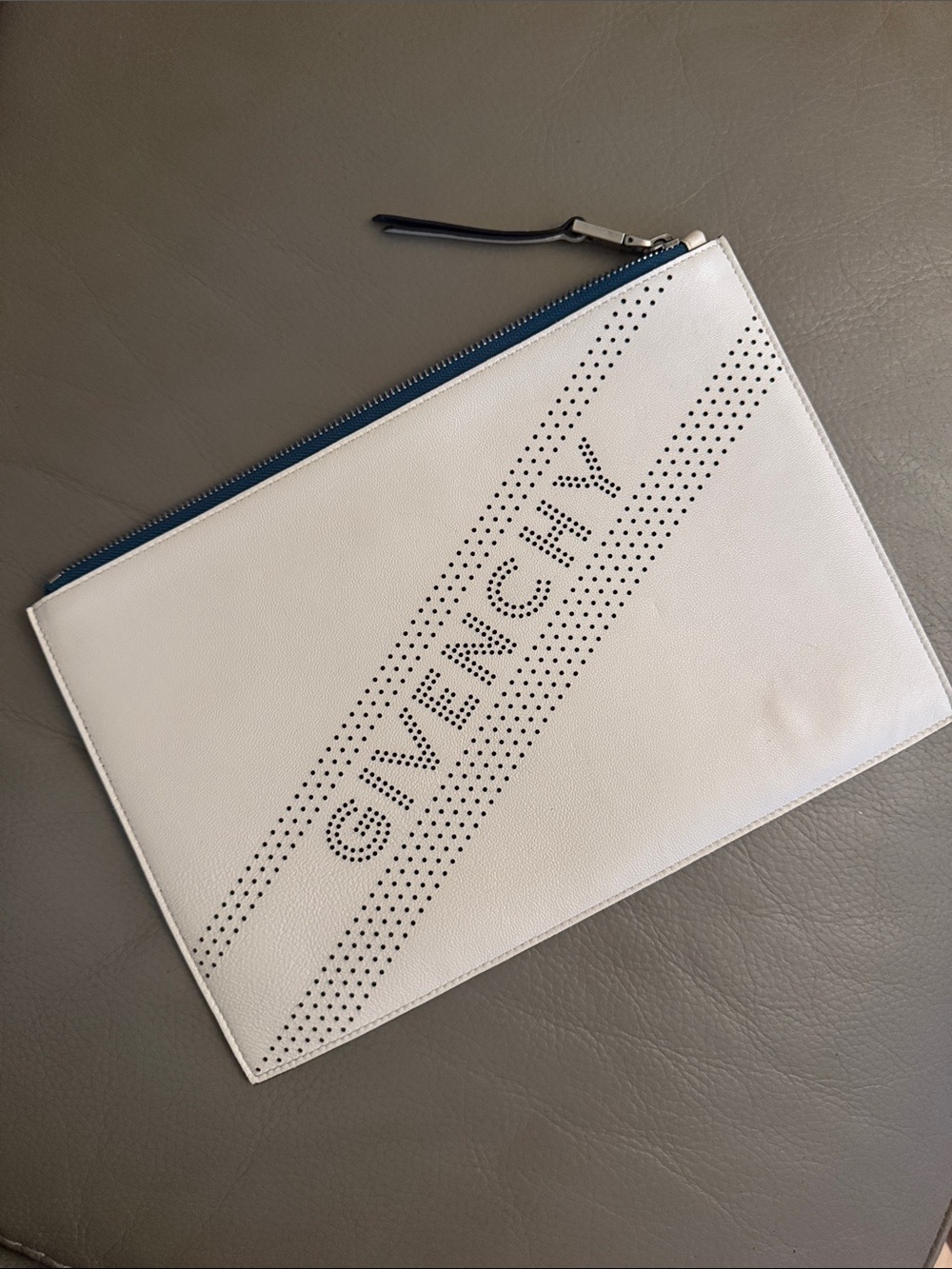 Givenchy White Leather Perforated Logo Pouch with Blue Zip